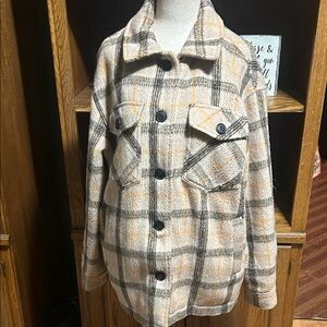 Sebby Beige and Black Plaid Women's Wool Blend Satin Lined Jacket Small VGUC